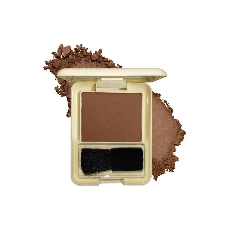 Open bronzer compact with brown powder, brush, and brand logo on a white background