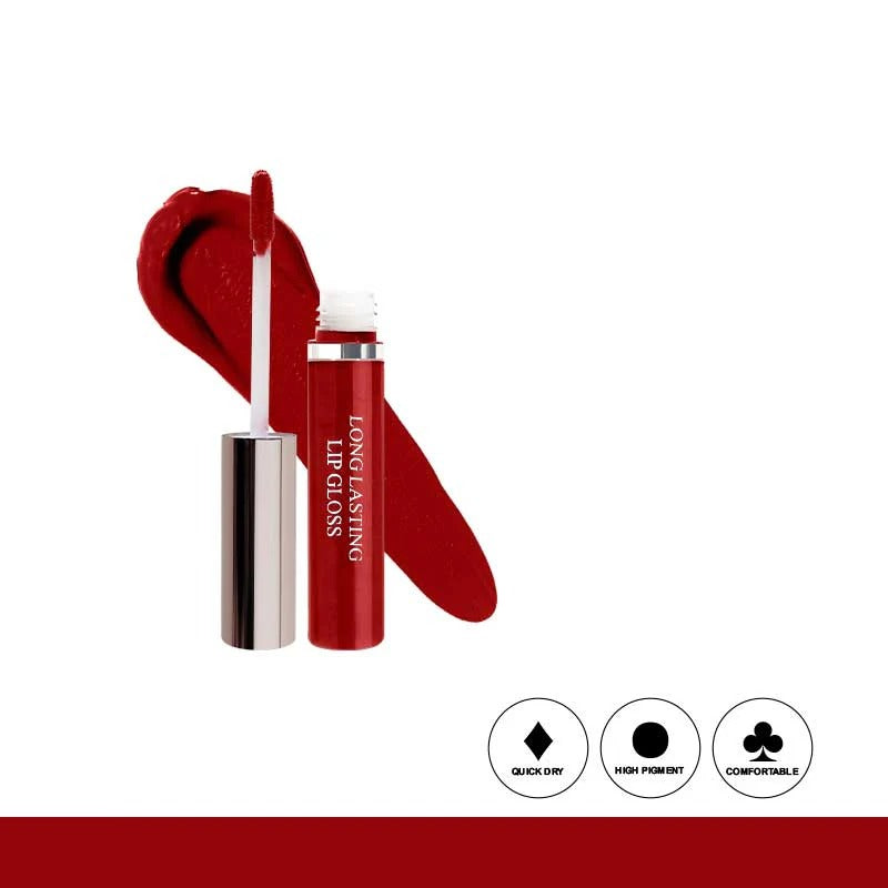 Red lip gloss with applicator on a white background