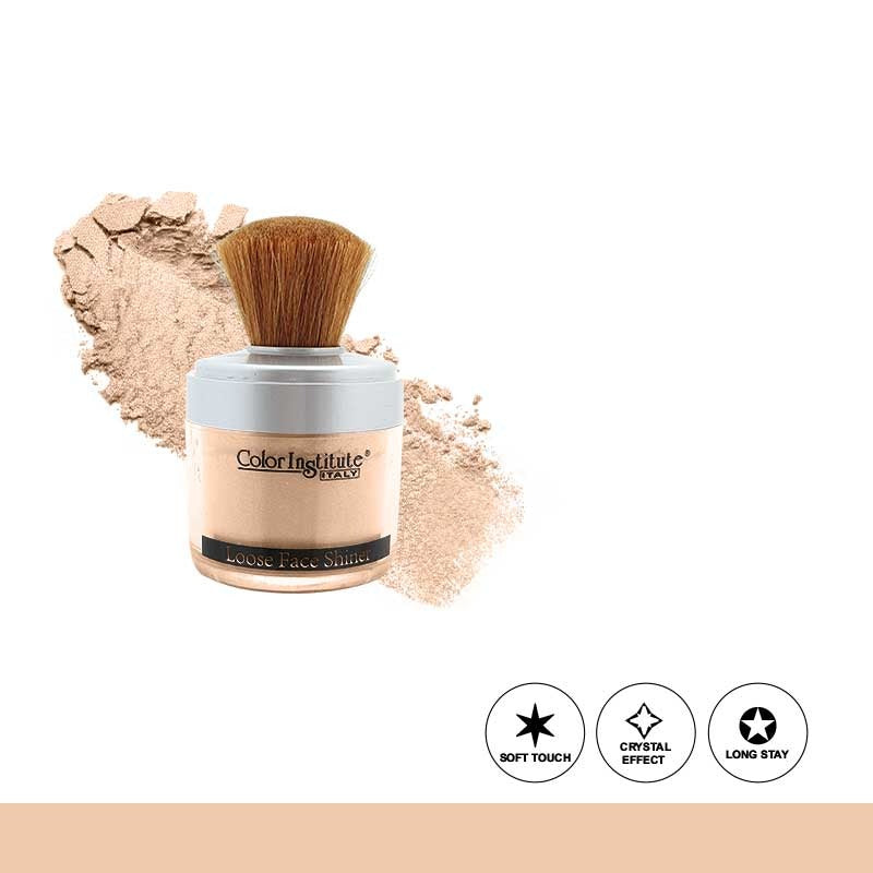 Makeup powder with a brush and color swatch on a white background