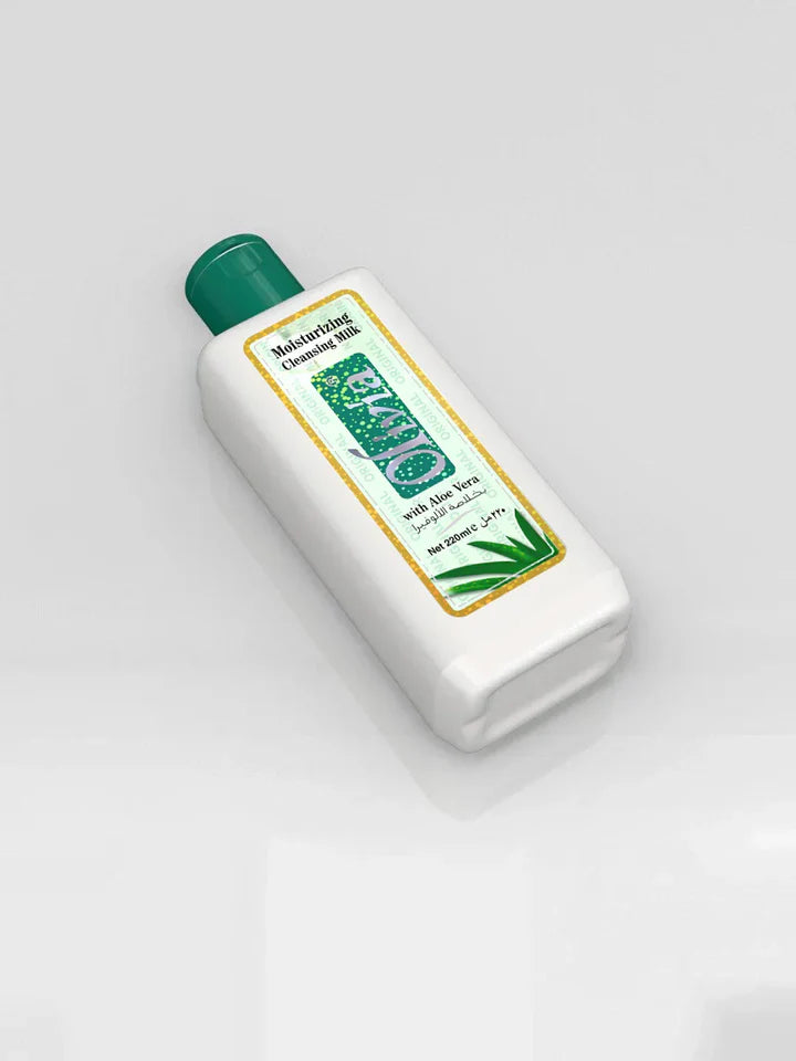 Bottle of moisturizing cleanser with aloe vera on a light gray background