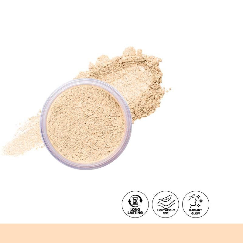 Cosmetic powder in a container with icons on a white background