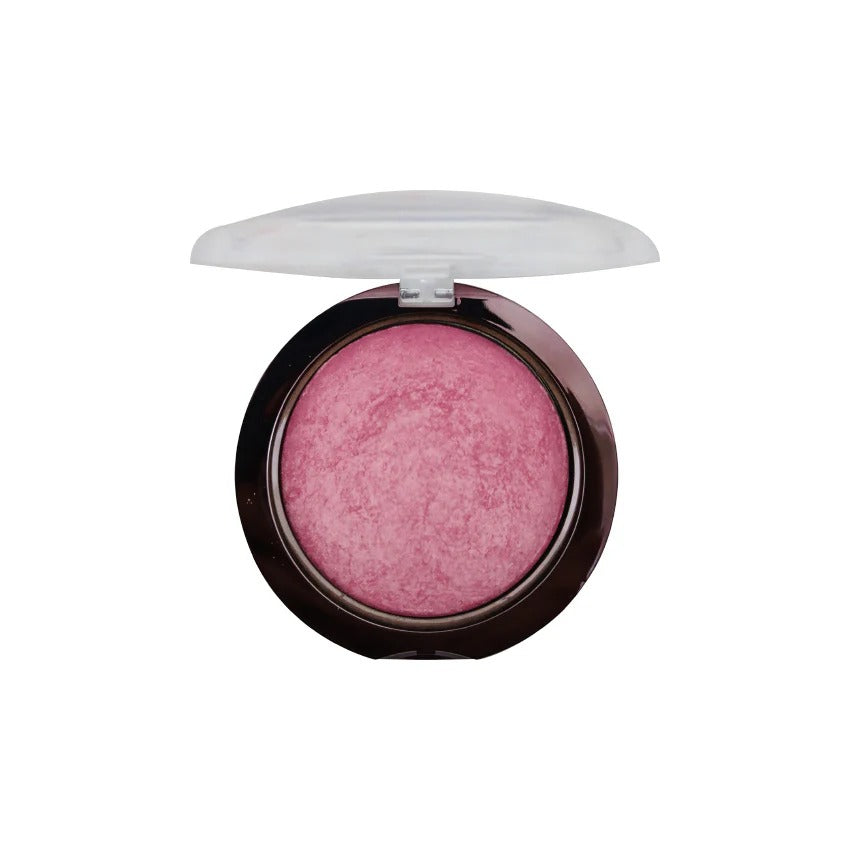 Pink compact blush with a white lid on a white background