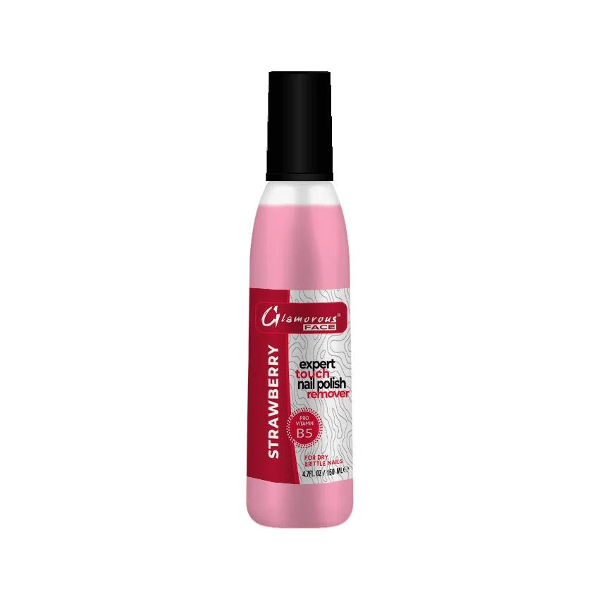 Pink bottle of Glamorous Expert Touch nail polish remover with black cap on a white background