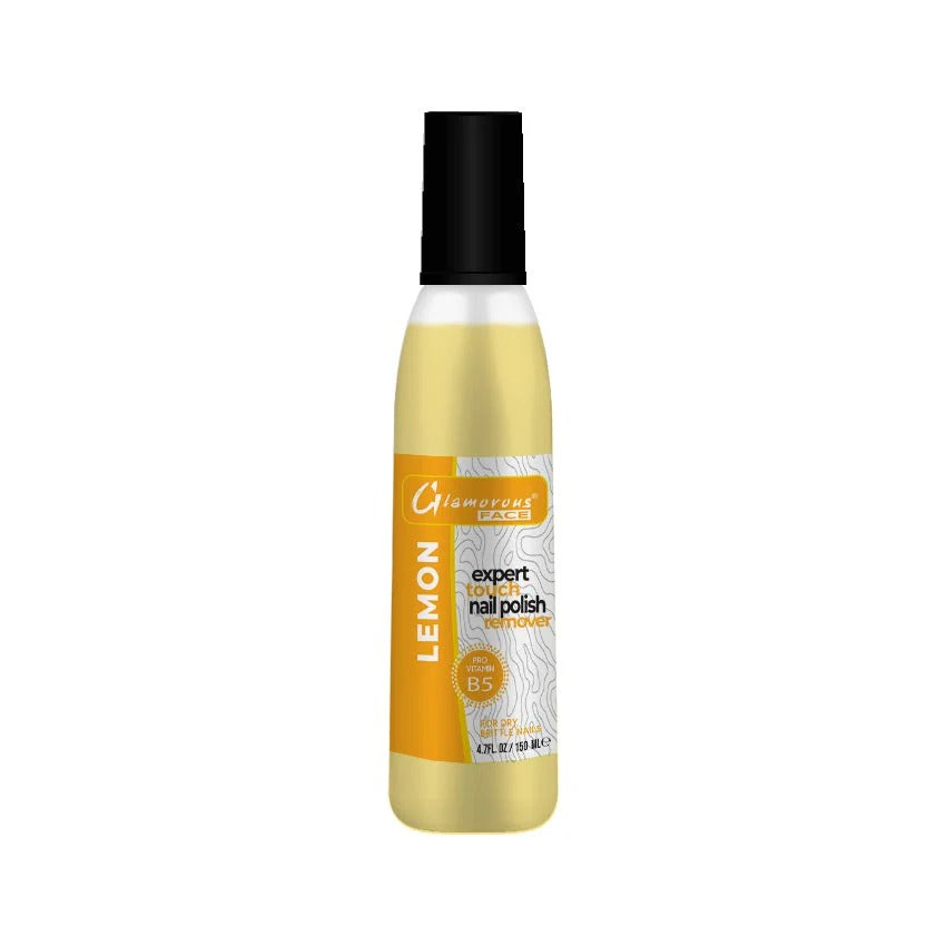 Bottle of Glamorous Lemon nail polish remover on a white background
