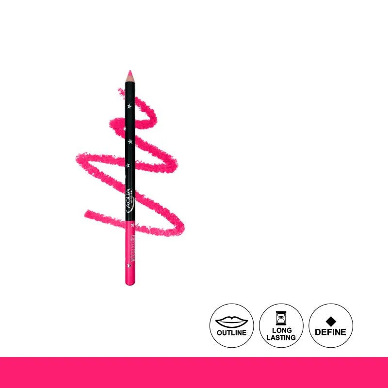 Lip liner pencil with pink line on a white background, featuring icons for outline, long-lasting, and define.