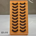 Set of false eyelashes on a wooden display board with '5D-J15' label.
