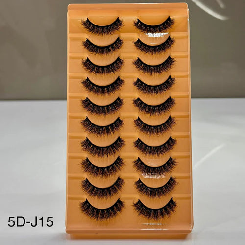 Set of false eyelashes on a wooden display board with '5D-J15' label.