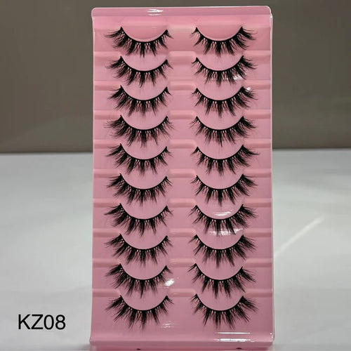 Pink tray with false eyelashes labeled KZ08 on a gray background