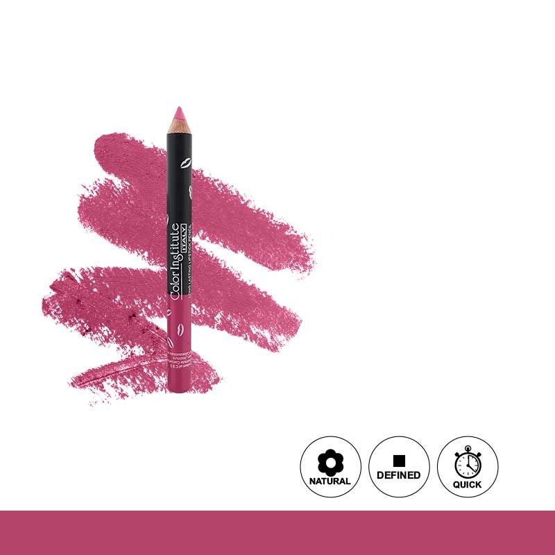Pink lip liner pencil with swatch on a white background