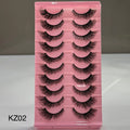 Pink tray with false eyelashes labeled KZ02 on a gray background