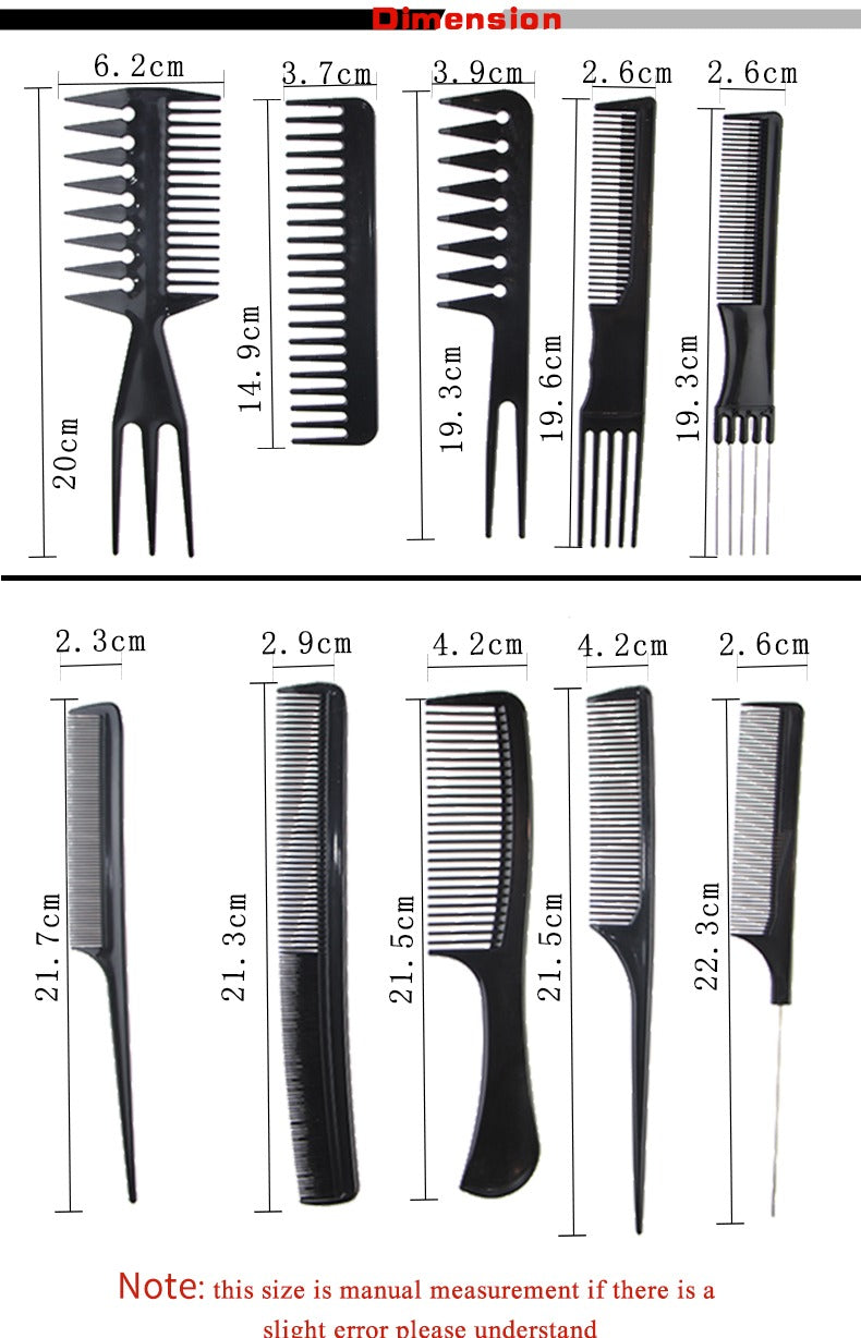 Set of black hair combs with measurements on a white background