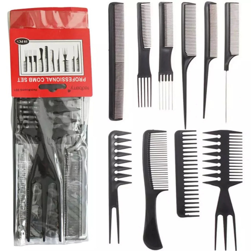 Set of black hair combs with packaging on a white background