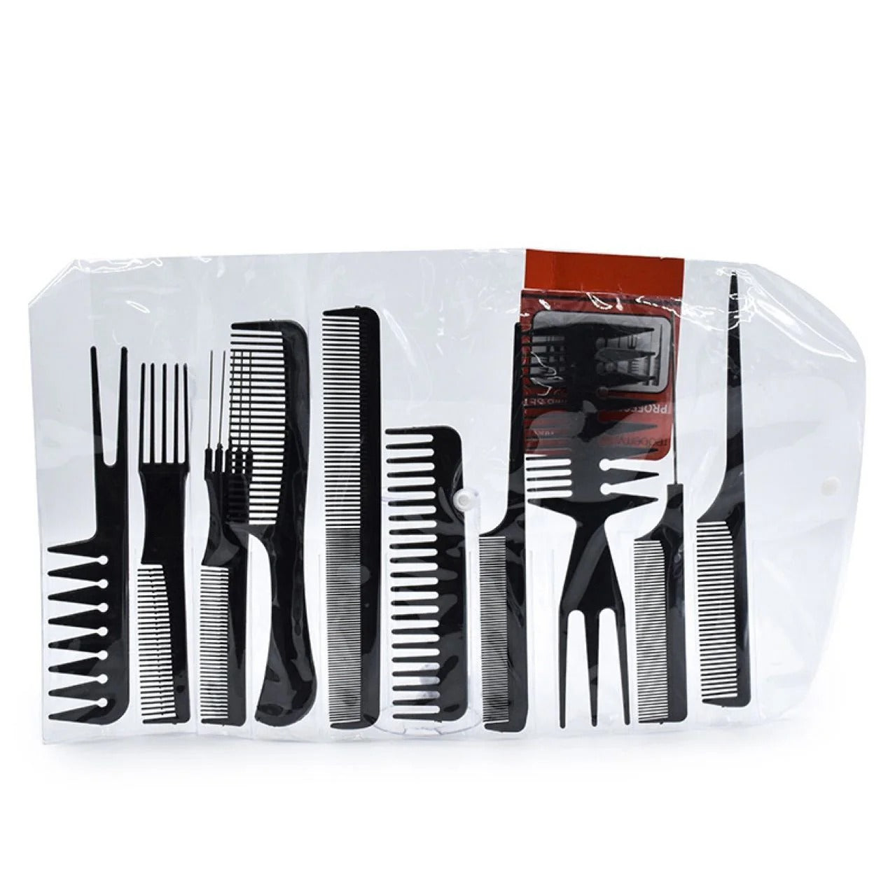 Set of black combs in a clear plastic bag on a white background