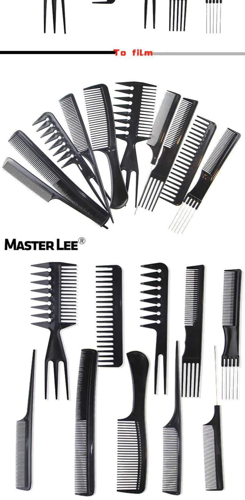 Set of black hair styling tools including combs and brushes with 'Master Lee' branding.