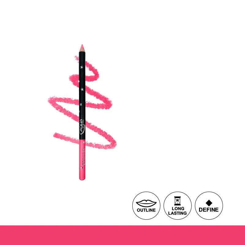Pink lip liner with a wavy line on a white background, featuring icons for outline, long-lasting, and define.