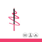 Pink lip liner with a wavy line on a white background, featuring icons for outline, long-lasting, and define.