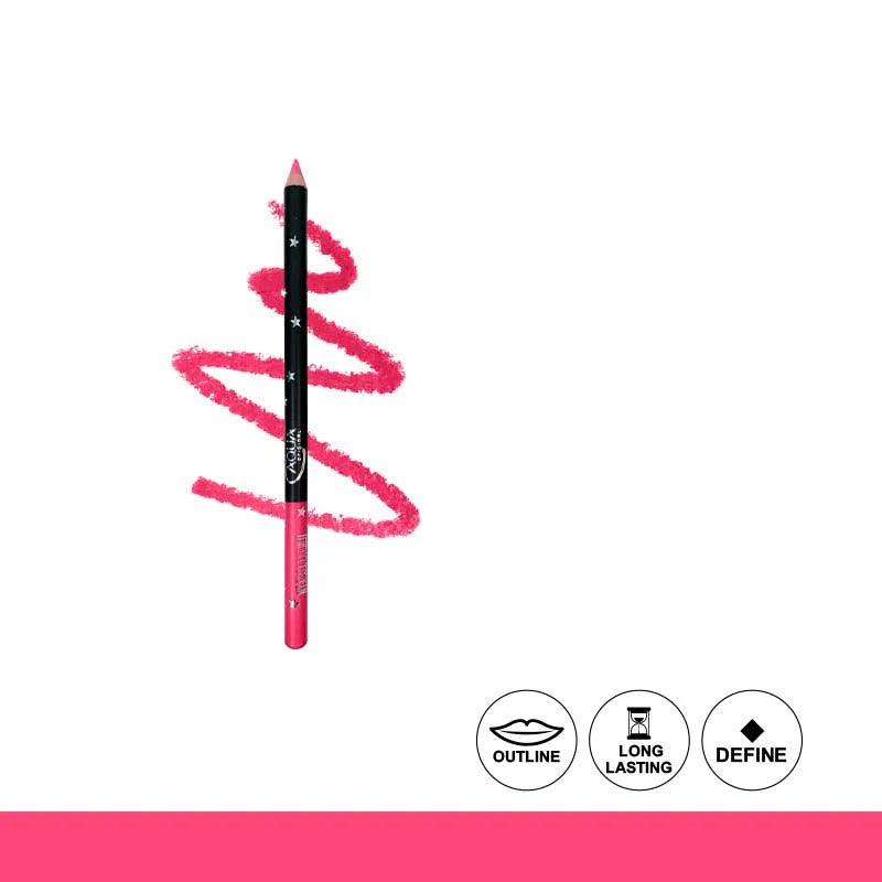 Pink lip liner with a wavy line on a white background, featuring icons for outline, long-lasting, and define.
