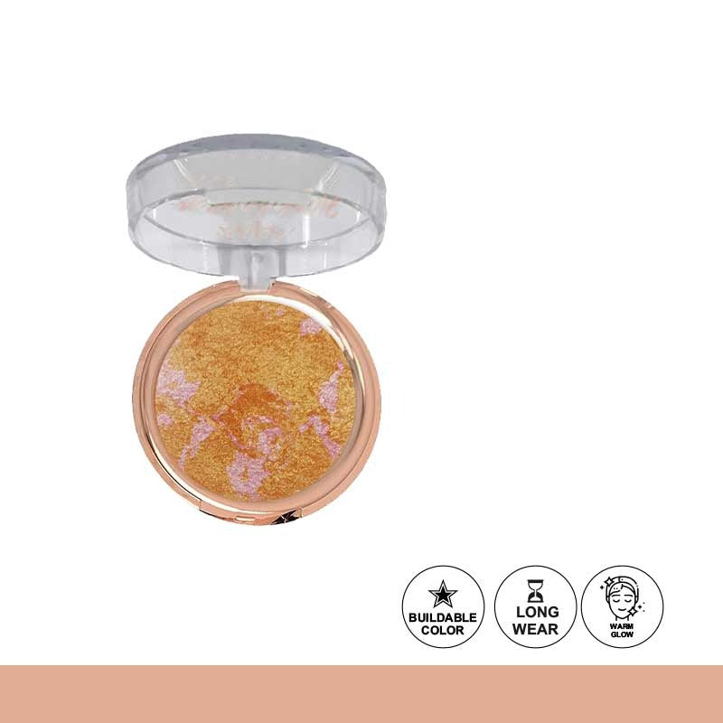 Compact makeup powder with a clear lid on a white background, featuring icons for buildable color, long wear, and a star symbol.