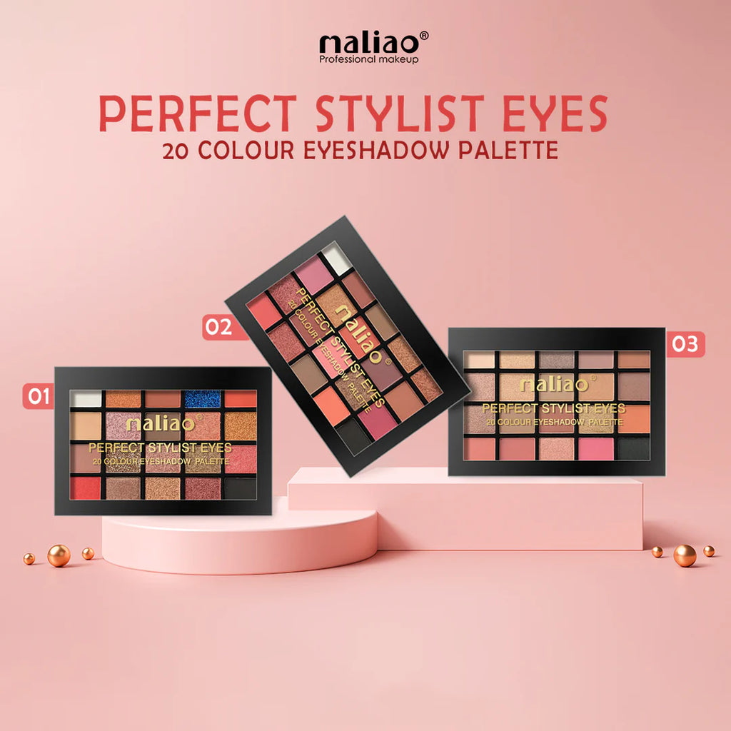Maliao Perfect Stylist Eyes eyeshadow palettes on a pink background