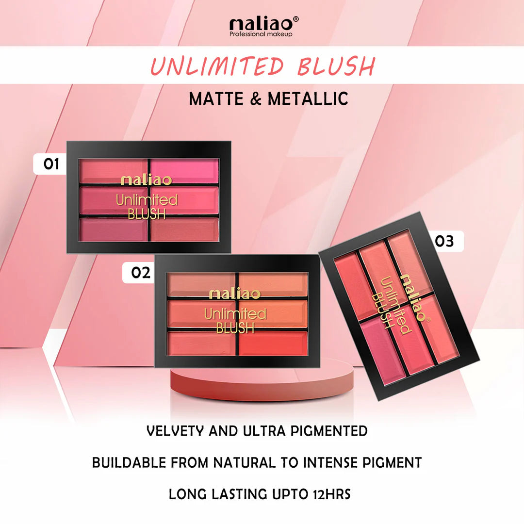Maliao Unlimited Blush makeup set with three shades on a pink background