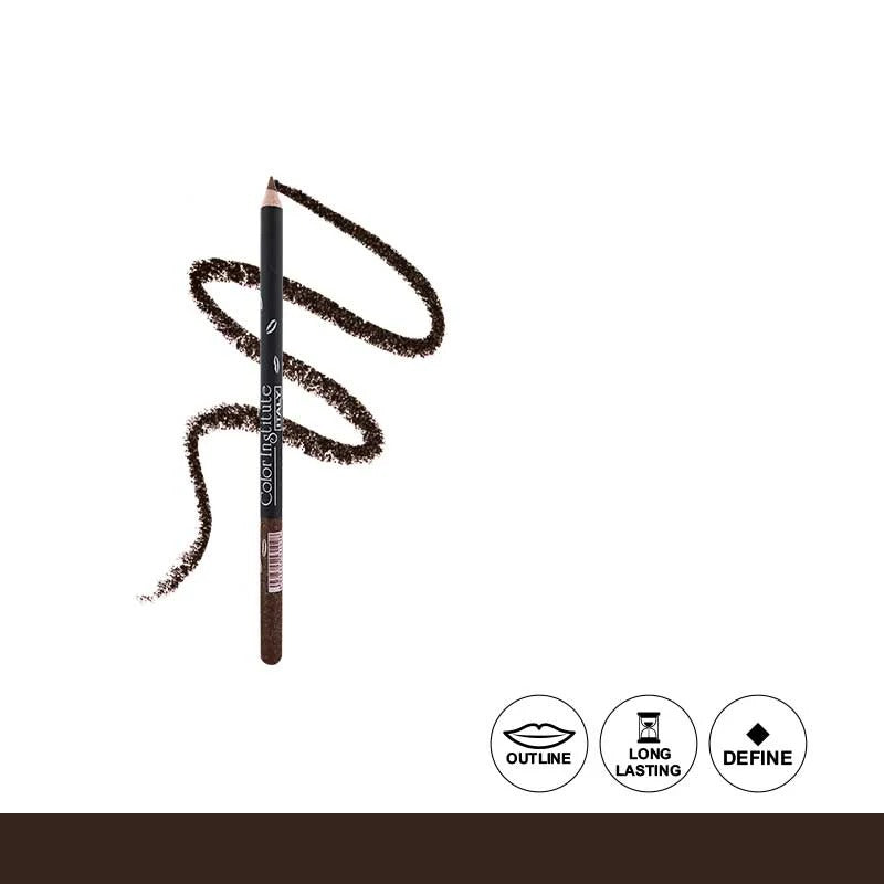 Eyebrow pencil with a swatch of brown color on a white background