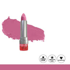 Pink lipstick with a swatch on a white background
