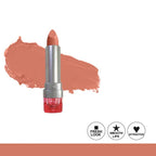 Lipstick with a swatch of applied color on a white background