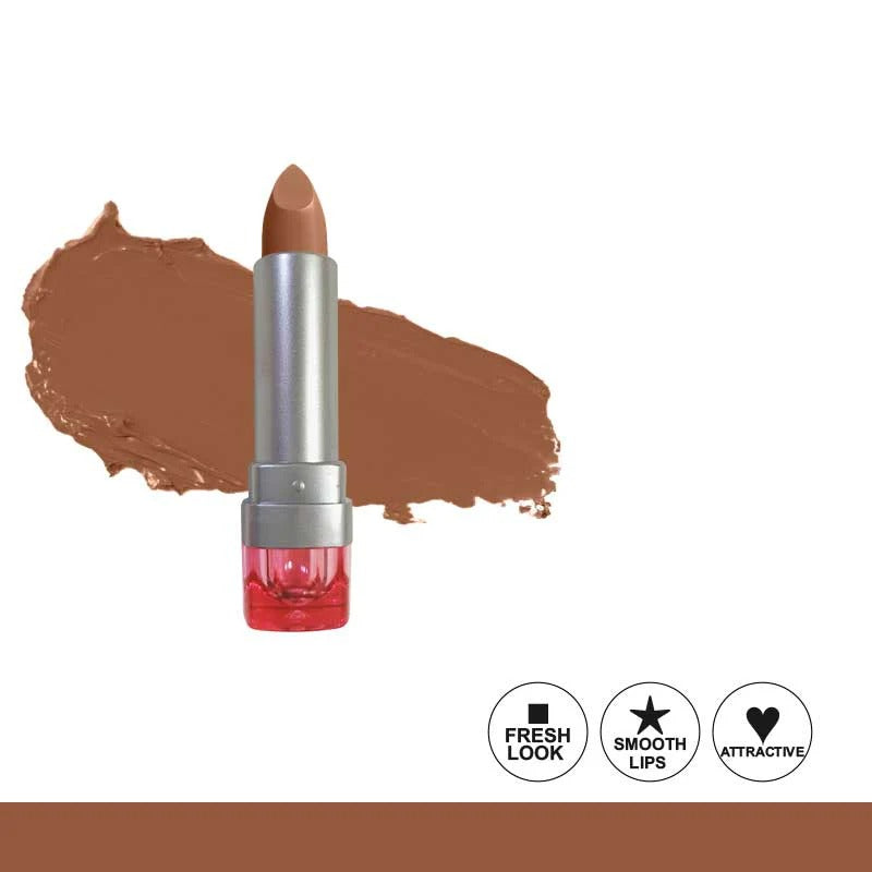 Brown lipstick with a swatch on a white background