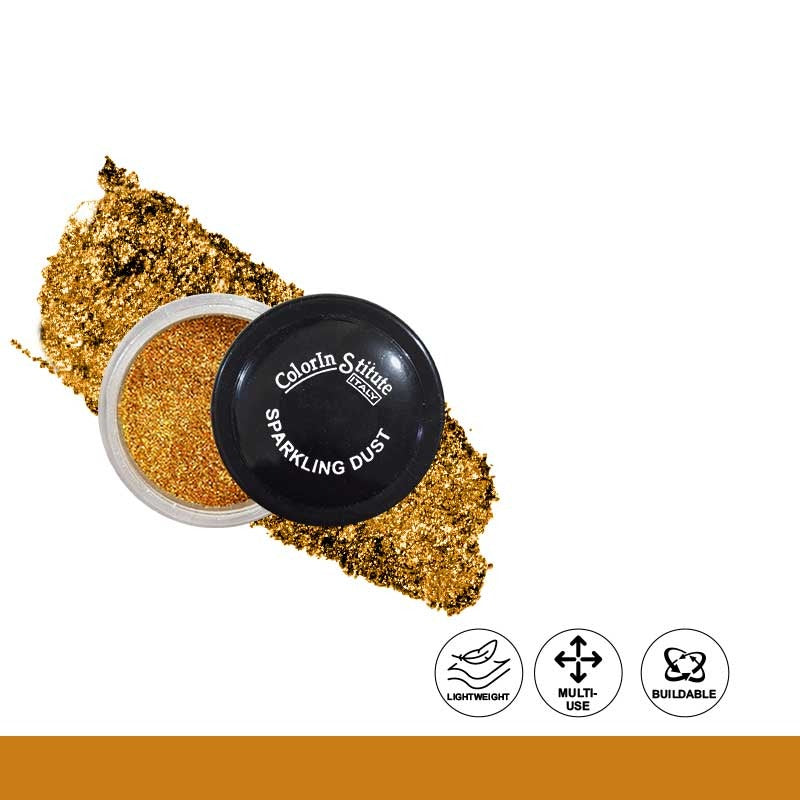 Gold sparkling dust in a small container with 'Colorful Style' branding on a white background.