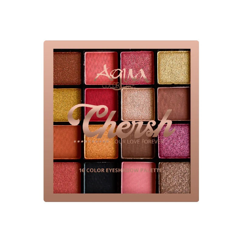 Makeup eyeshadow palette with various colors and 'Cherish' branding on a white background
