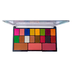 Makeup palette with various colors on a white background