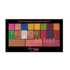 Makeup palette with colorful shades and 'Fashion Artist' branding on a white background