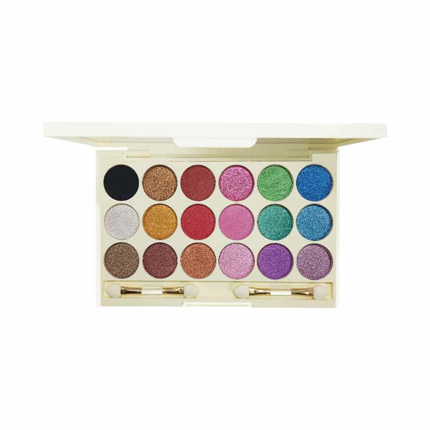 Makeup eyeshadow palette with colorful shades on a white background