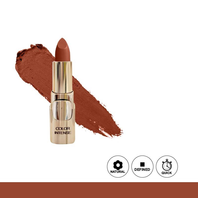 Brown lipstick with a swatch on a white background