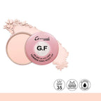 Makeup compact with pink powder and visible brand logo on a white background