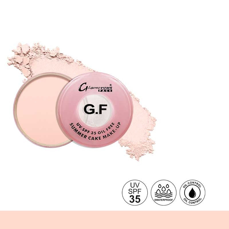 Makeup compact with pink powder and visible brand logo on a white background