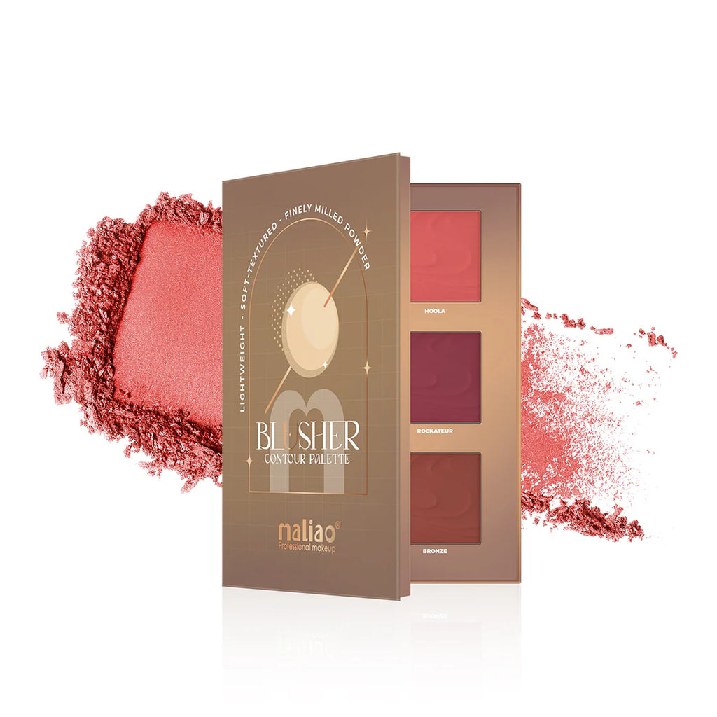 Blusher contour palette with scattered blush powder on a white background