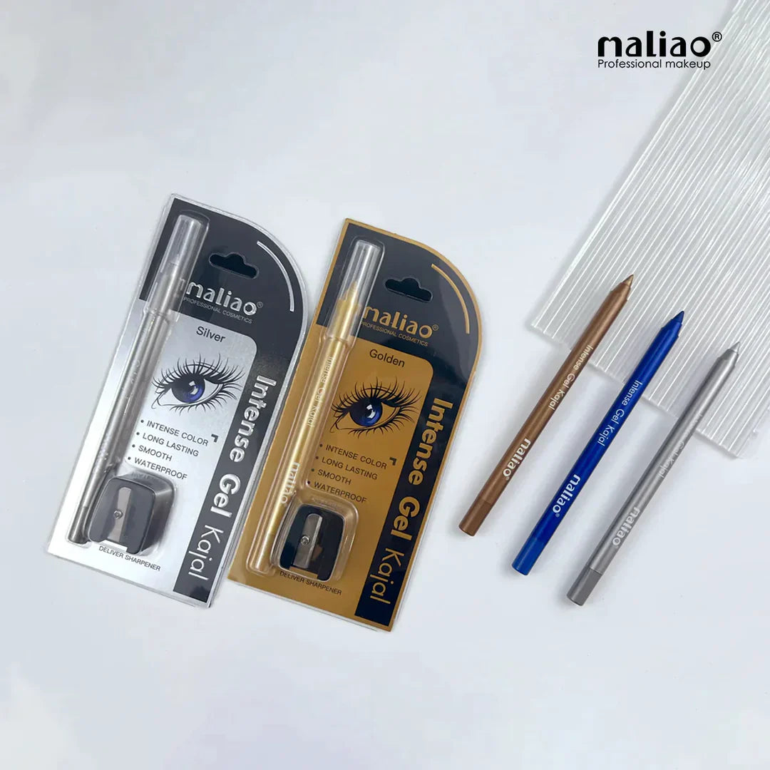 Makeup products including eyeliner pencils and packaging with 'Maliao' branding on a white background.