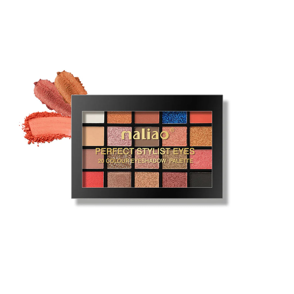 Maliao eyeshadow palette with swatches on a white background