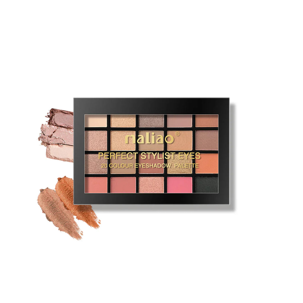 Maliao eyeshadow palette with swatches on a white background
