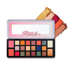 Makeup palette with 'Sweet Peach' branding and color swatches on a white background