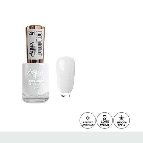 Nail polish bottle labeled '201' with a white swatch and feature icons on a white background