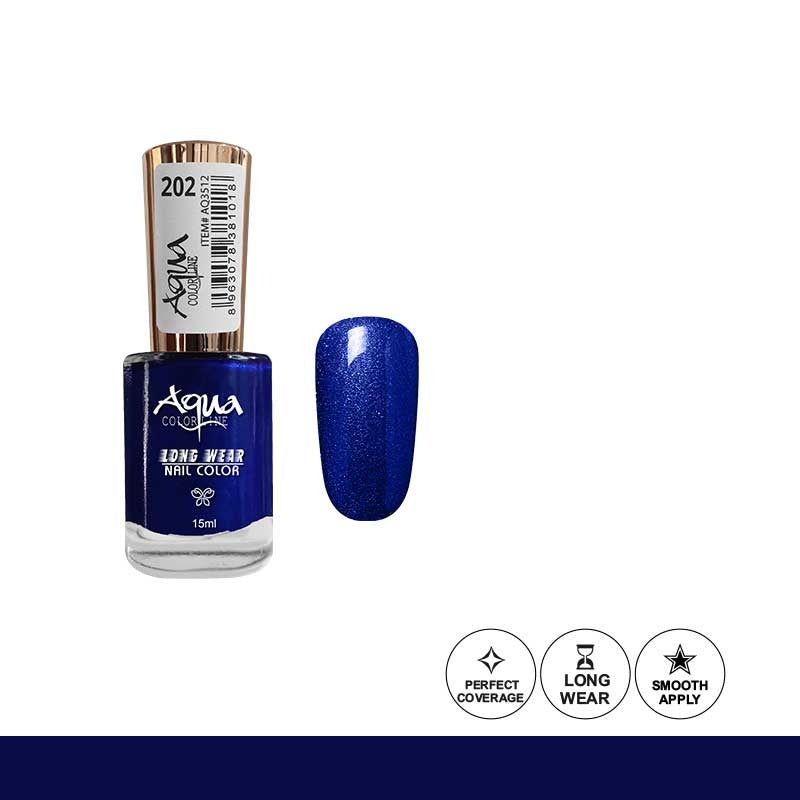 Blue nail polish bottle with a matching color swatch on a white background