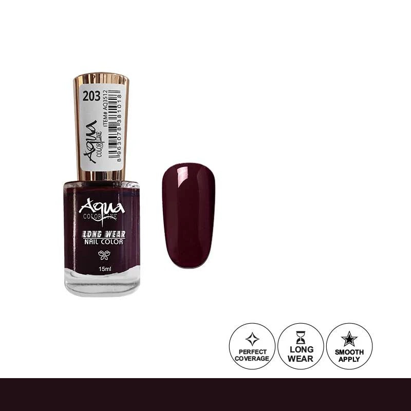 Nail polish bottle with a dark red color swatch on a white background