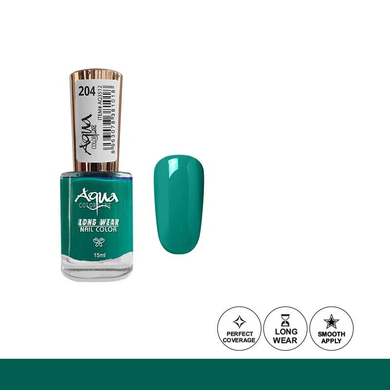 Teal nail polish bottle with a droplet of polish on a white background