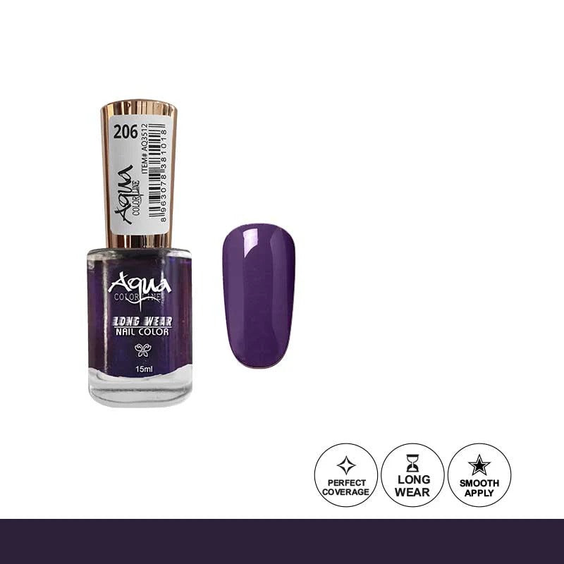Purple nail polish bottle with a small tray of color swatches on a white background