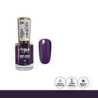 Purple nail polish bottle with a small tray of color swatches on a white background