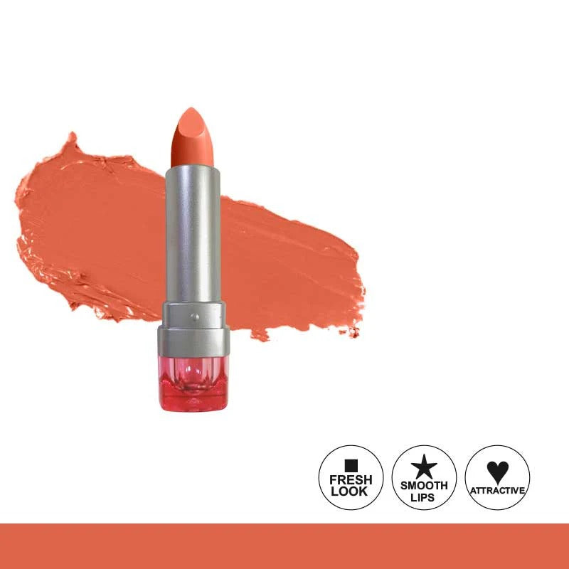 Lipstick with an orange swatch and rating icons on a white background