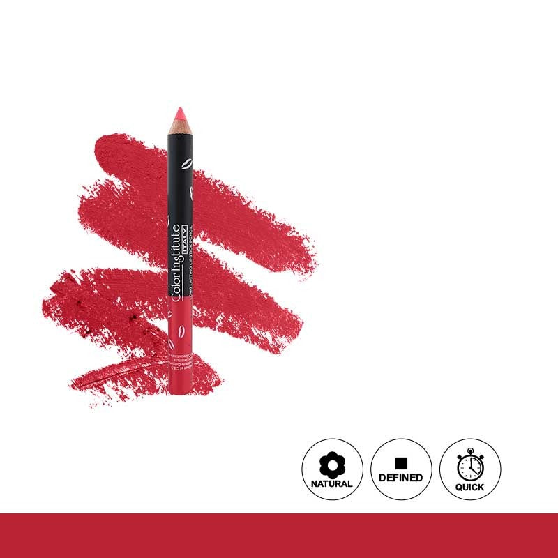Red lip liner pencil with red swatch on a white background