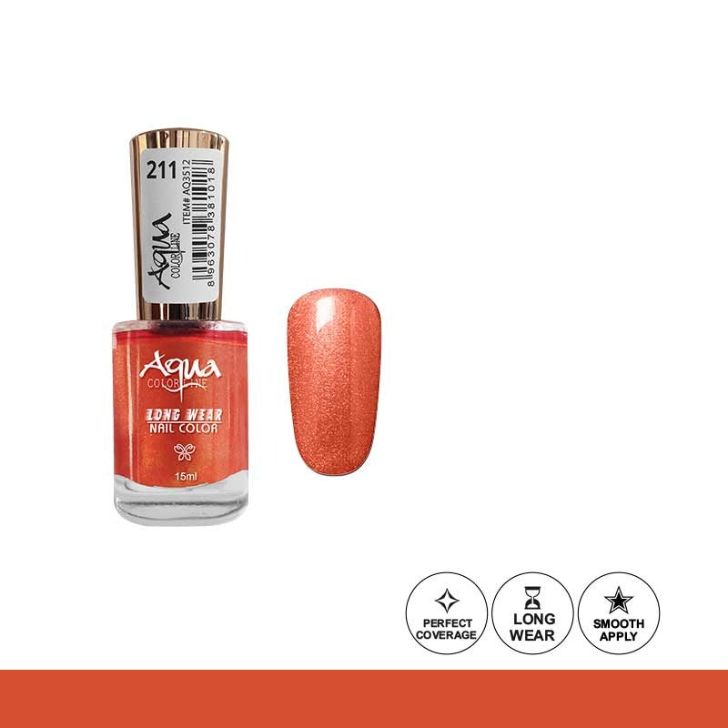 Orange nail polish bottle with a swatch on a white background